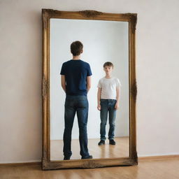 A man standing in front of a reflective mirror, which magically shows his childhood image.
