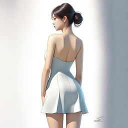 A realistic depiction of a Korean girl with a large posterior, wearing a short dress, standing and turning around