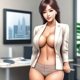 A tanned Asian girl with a cute appearance, wearing an office outfit