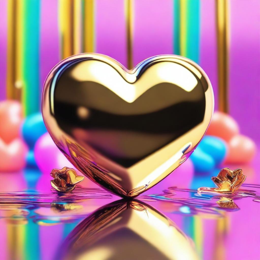 A 3D chrome heart emoji with a dripping golden outline, set against a backdrop of holographic neon flowers