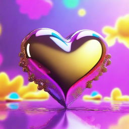 A 3D chrome heart emoji with a dripping golden outline, set against a backdrop of holographic neon flowers