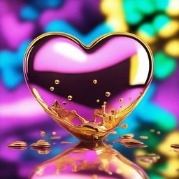 A 3D chrome heart emoji with a dripping golden outline, set against a backdrop of holographic neon flowers