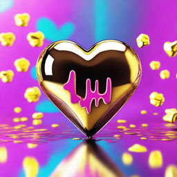 A 3D chrome heart emoji with a dripping golden outline, set against a backdrop of holographic neon flowers