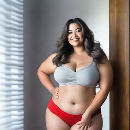 A curvy woman with long, wavy hair stands in a room with gray walls and a potted plant