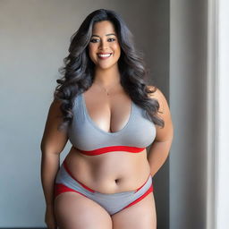 A curvy woman with long, wavy hair stands in a room with gray walls and a potted plant