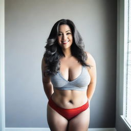 A curvy woman with long, wavy hair stands in a room with gray walls and a potted plant