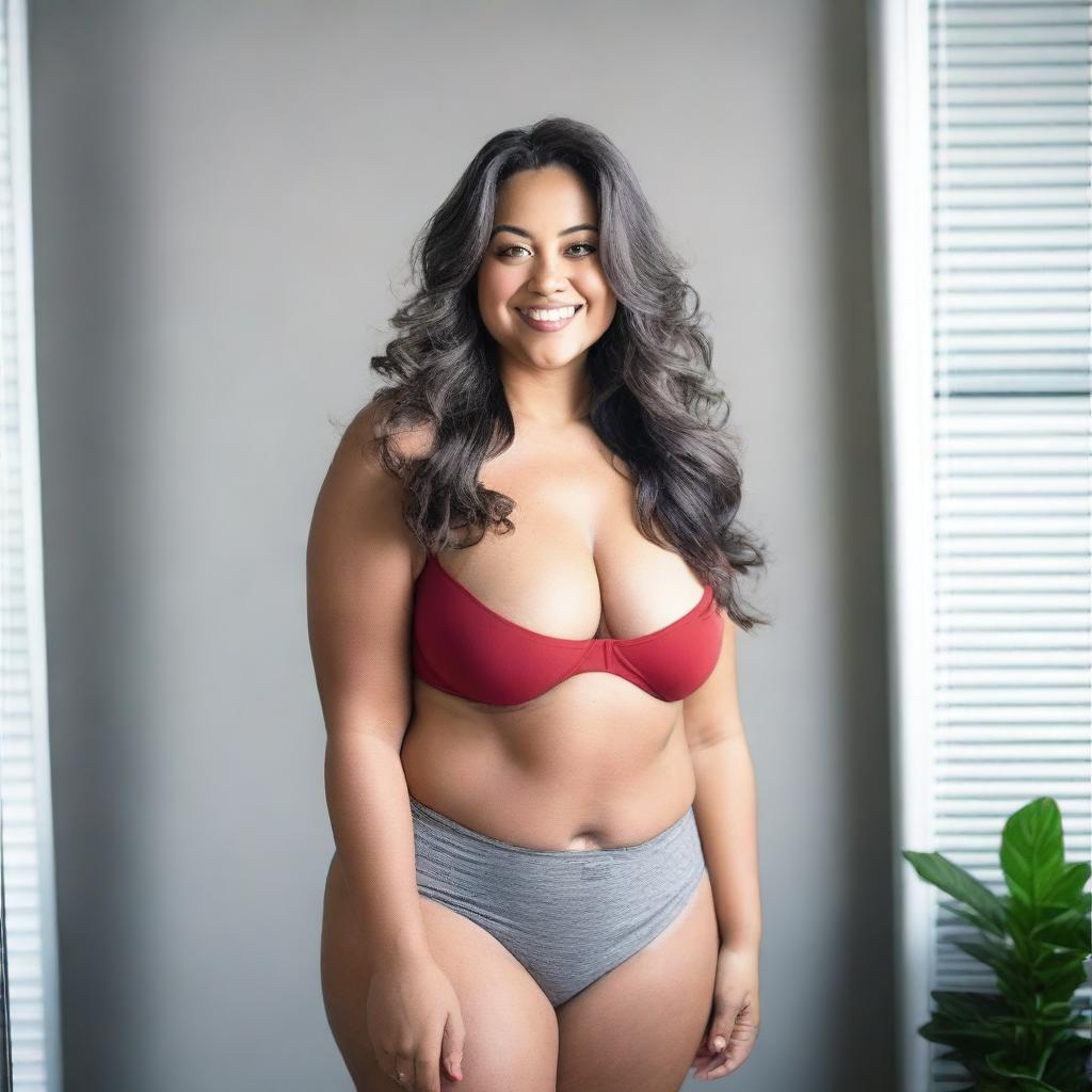 A curvy woman with long, wavy hair stands in a room with gray walls and a potted plant