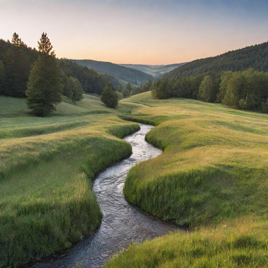 An idyllic landscape at sunset with rolling hills, a clear stream flowing through, and a dense forest in the background