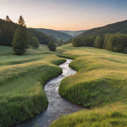 An idyllic landscape at sunset with rolling hills, a clear stream flowing through, and a dense forest in the background