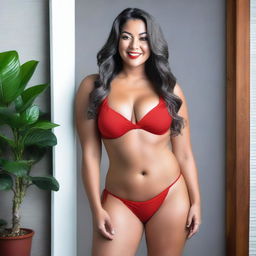 A curvy woman with long, wavy hair stands in a room with gray walls and a potted plant