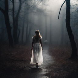 A girl walks down a dark path, illuminated only by a soft light that contrasts with her white dress