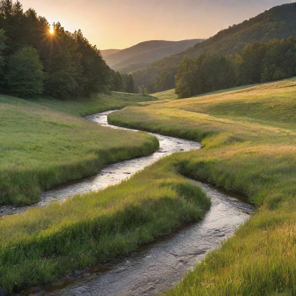 An idyllic landscape at sunset with rolling hills, a clear stream flowing through, and a dense forest in the background