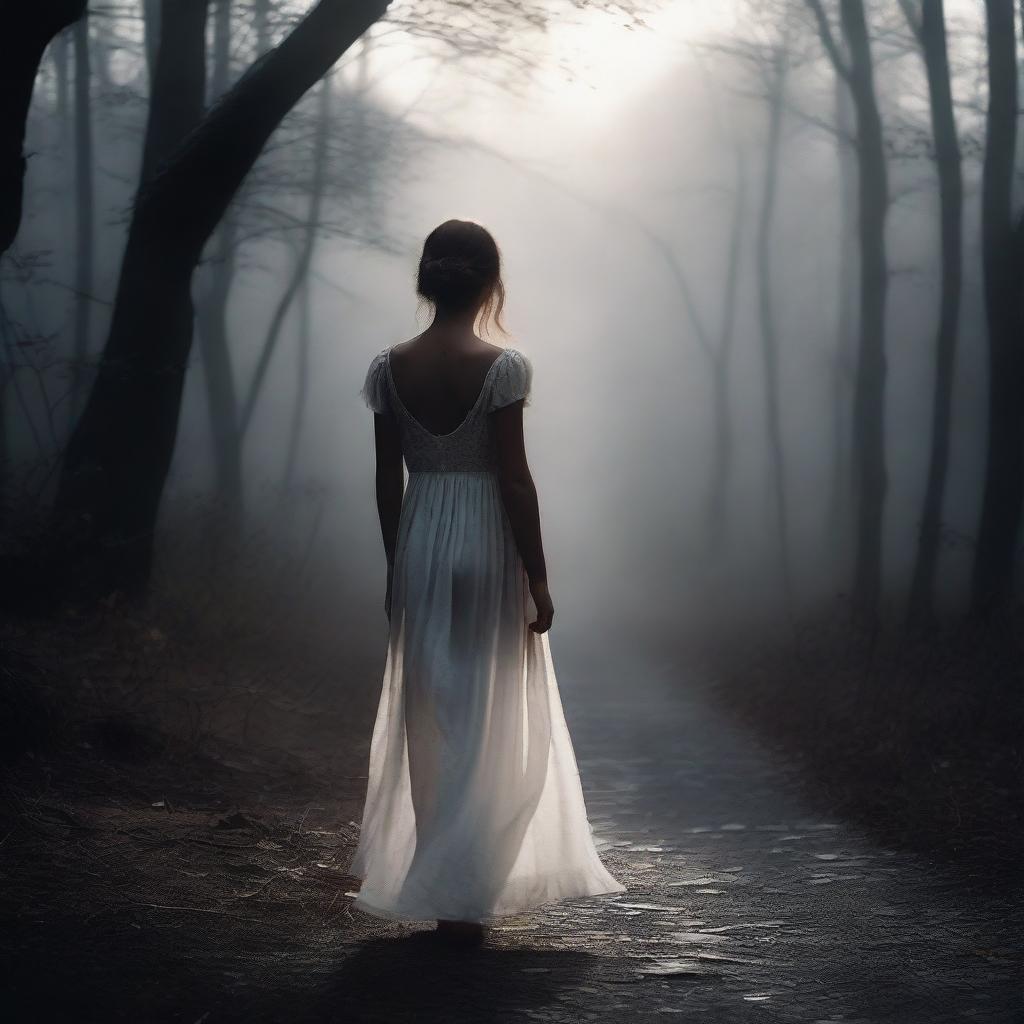 A girl walks down a dark path, illuminated only by a soft light that contrasts with her white dress