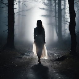 A girl walks down a dark path, illuminated only by a soft light that contrasts with her white dress