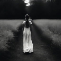 A girl walks down a dark path, illuminated only by a soft light that contrasts with her white dress