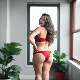 A curvy woman with long, wavy hair stands in a room turning back with gray walls and a potted plant