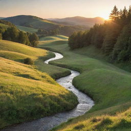 An idyllic landscape at sunset with rolling hills, a clear stream flowing through, and a dense forest in the background