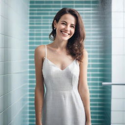 A cheerful American lady wearing a stylish shower dress, standing in a modern bathroom with elegant tiles and a large mirror