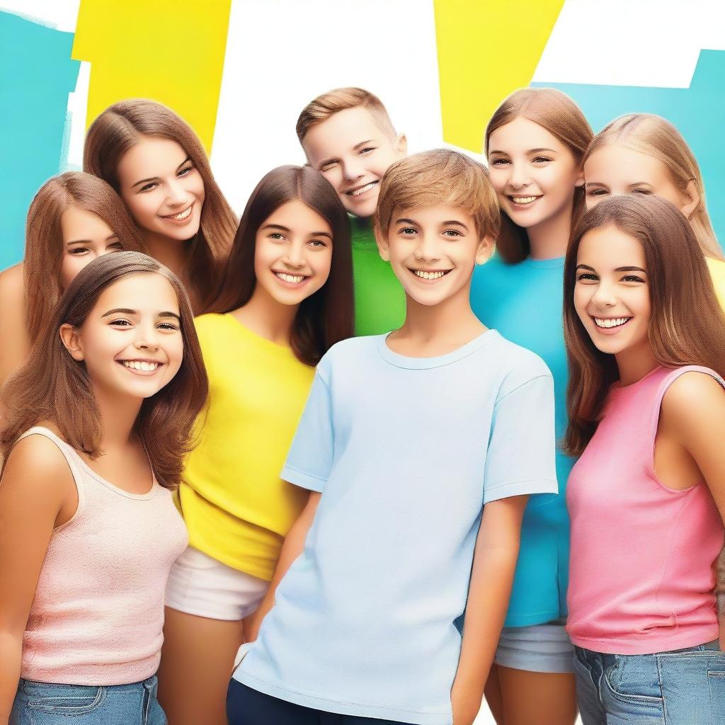 A young boy is standing in the center, surrounded by attractive girls who are smiling and looking at him