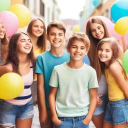 A young boy is standing in the center, surrounded by attractive girls who are smiling and looking at him