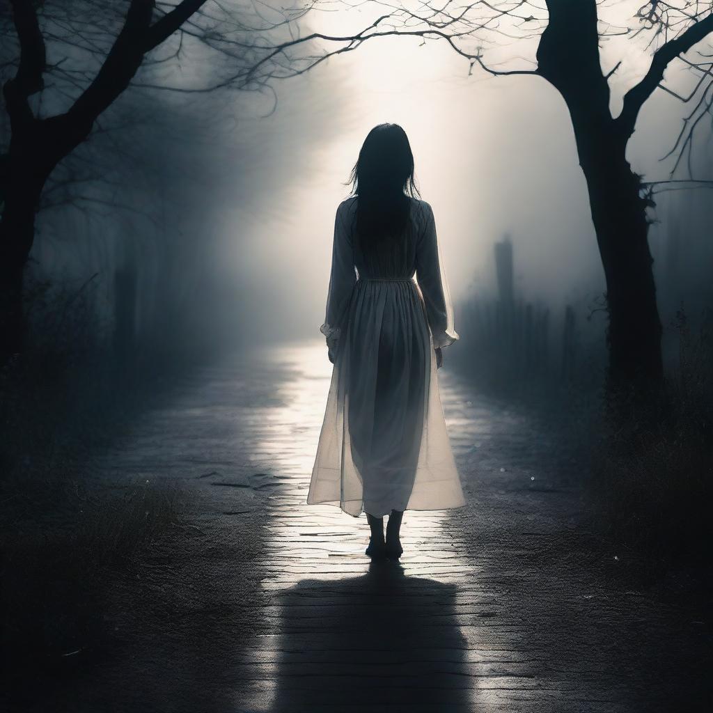 A dark and mysterious environment where a girl walks down a path