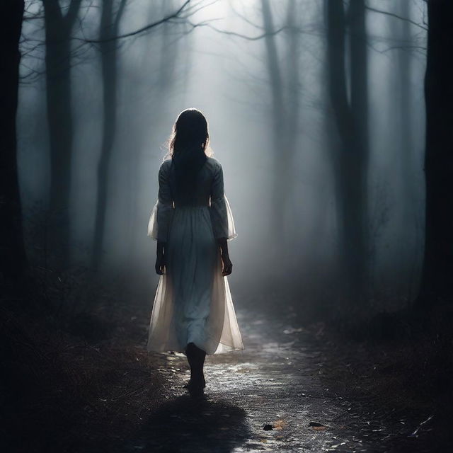 A dark and mysterious environment where a girl walks down a path