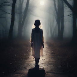 A dark and mysterious environment where a girl walks down a path