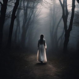 A dark and mysterious environment where a girl walks down a path