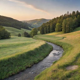 An idyllic landscape at sunset with rolling hills, a clear stream flowing through, and a dense forest in the background