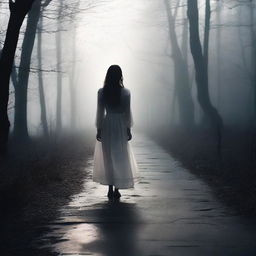 A mysterious and dark environment where a girl walks alone on a path surrounded by emptiness