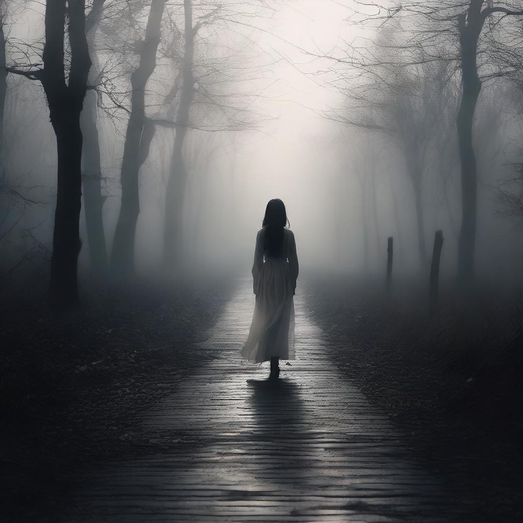 A mysterious and dark environment where a girl walks alone on a path surrounded by emptiness