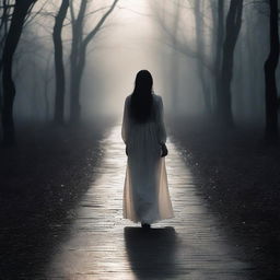 A mysterious and dark environment where a girl walks alone on a path surrounded by emptiness