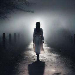 A mysterious and dark environment where a girl walks alone on a path surrounded by emptiness