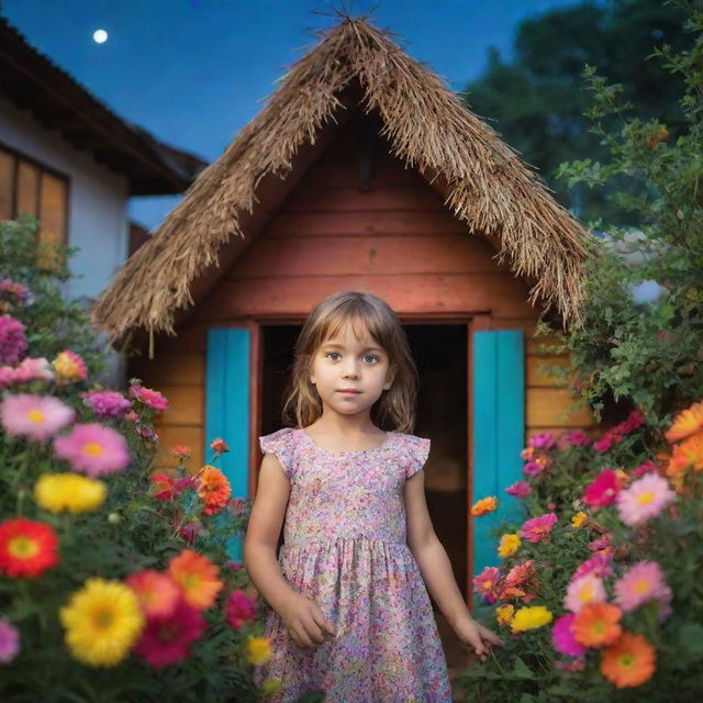 A little girl whose eyes shine like stars in a clear night sky, living in a colorful small house with a straw roof, surrounded by a garden full of multicolored flowers.