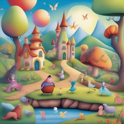 A whimsical mishmash of various storybook characters and settings coming together in a vibrant, colorful scene