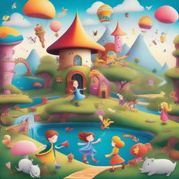 A whimsical mishmash of various storybook characters and settings coming together in a vibrant, colorful scene