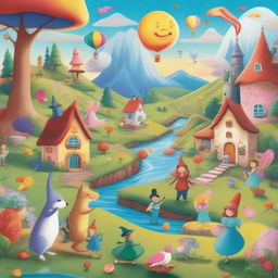 A whimsical mishmash of various storybook characters and settings coming together in a vibrant, colorful scene