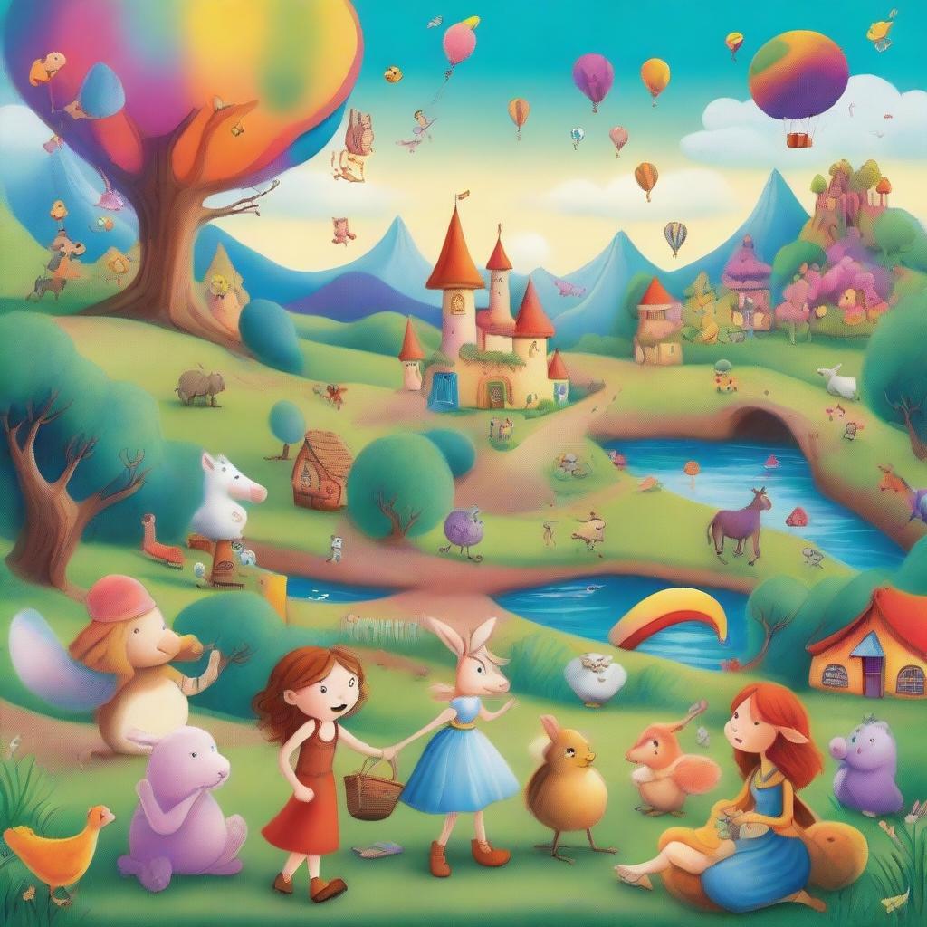 A whimsical mishmash of various storybook characters and settings coming together in a vibrant, colorful scene