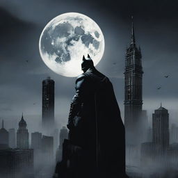 A stunning and dramatic depiction of the dark knight standing atop a gothic skyscraper, with a full moon in the background