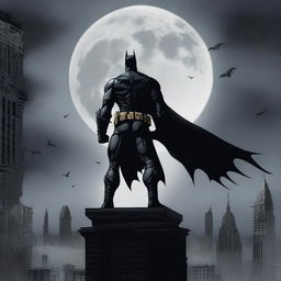 A stunning and dramatic depiction of the dark knight standing atop a gothic skyscraper, with a full moon in the background