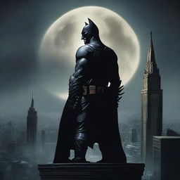 A stunning and dramatic depiction of the dark knight standing atop a gothic skyscraper, with a full moon in the background