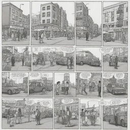 Create a mini comic strip illustrating various subcultures interacting with each other in urban scenes