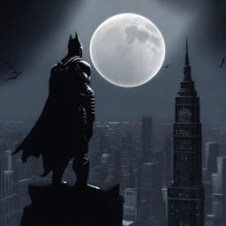 A stunning and dramatic depiction of the dark knight standing atop a gothic skyscraper, with a full moon in the background