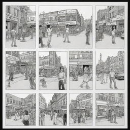 Create a mini comic strip illustrating various subcultures interacting with each other in urban scenes