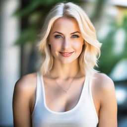 A beautiful blonde woman wearing a tank top, showcasing her cleavage