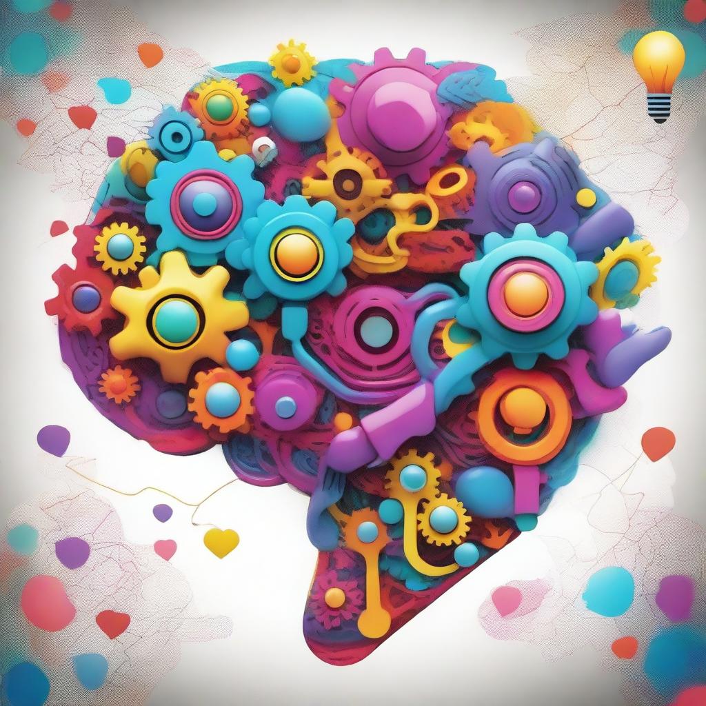 A creative and unconventional mind, visualized as a vibrant and abstract brain with vivid colors, intricate patterns, and imaginative elements like gears, lightbulbs, and whimsical shapes, symbolizing out-of-the-box thinking and innovation