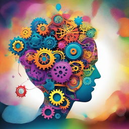 A creative and unconventional mind, visualized as a vibrant and abstract brain with vivid colors, intricate patterns, and imaginative elements like gears, lightbulbs, and whimsical shapes, symbolizing out-of-the-box thinking and innovation