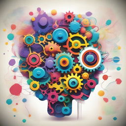 A creative and unconventional mind, visualized as a vibrant and abstract brain with vivid colors, intricate patterns, and imaginative elements like gears, lightbulbs, and whimsical shapes, symbolizing out-of-the-box thinking and innovation