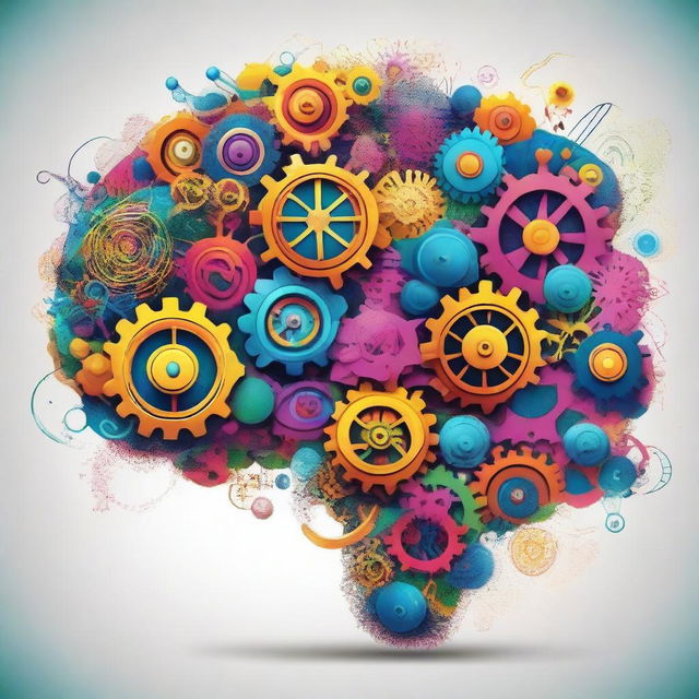 A creative and unconventional mind, visualized as a vibrant and abstract brain with vivid colors, intricate patterns, and imaginative elements like gears, lightbulbs, and whimsical shapes, symbolizing out-of-the-box thinking and innovation