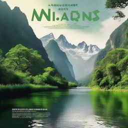 A documentary poster featuring a captivating scene from nature, with lush forests, majestic mountains, and a serene river flowing through